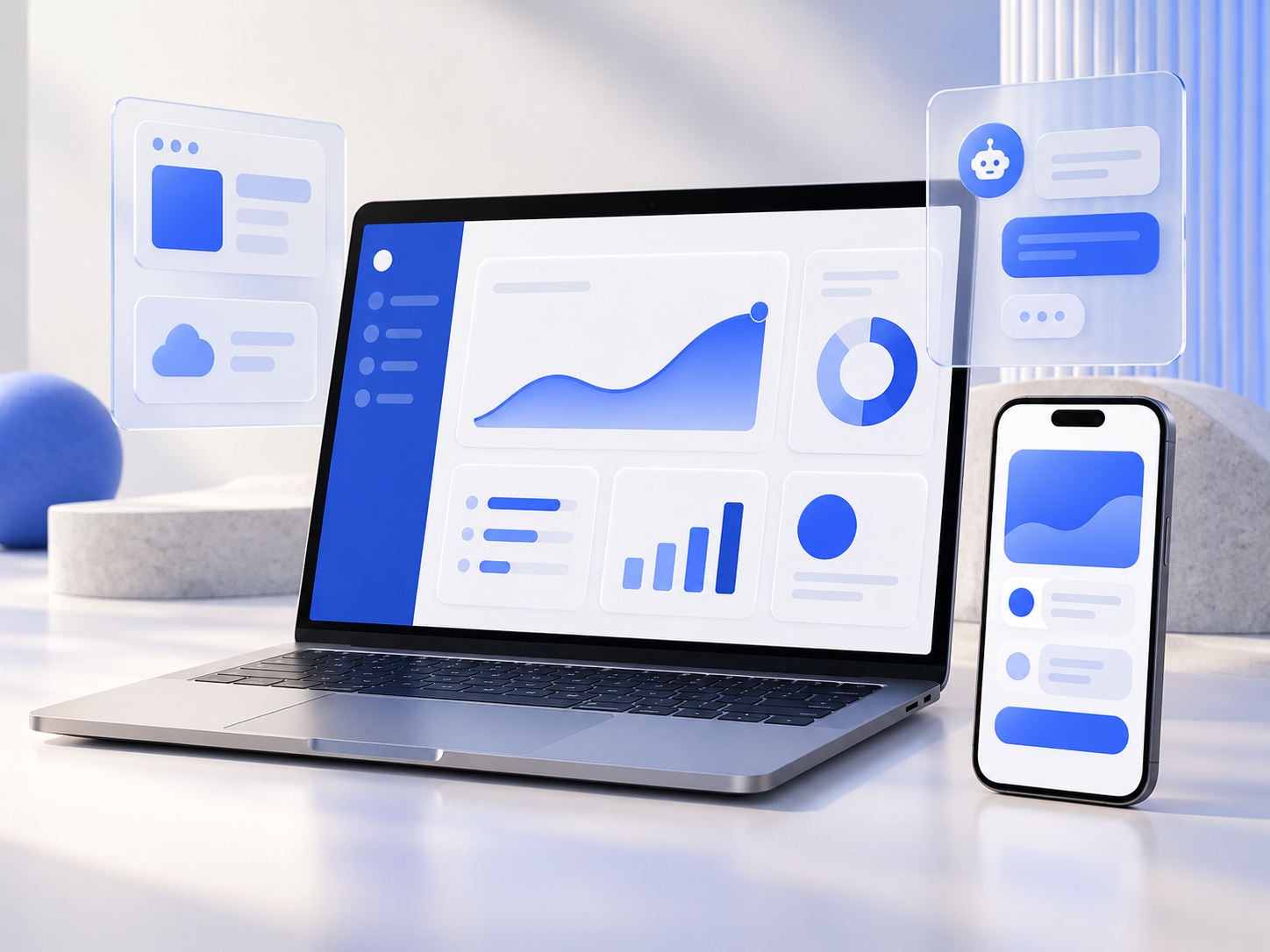 Ilustración conceptual de un portátil y un teléfono con interfaces de software a medida.
